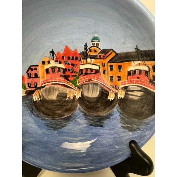 Roseanne Henning Hand Painted Pottery 8” Bowl Tug Boats Portsmouth NH Signed - Picture 2 of 8